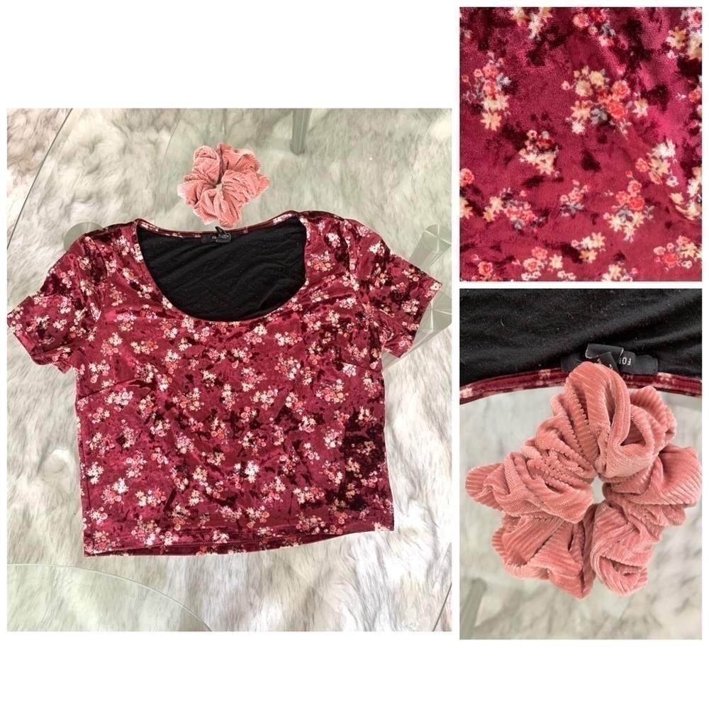𝅺Forever 21 floral velvet top boho short sleeve shirt w/Scrunchie womens large